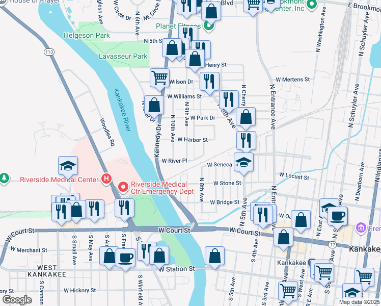 map of restaurants, bars, coffee shops, grocery stores, and more near 828 West River Place in Kankakee