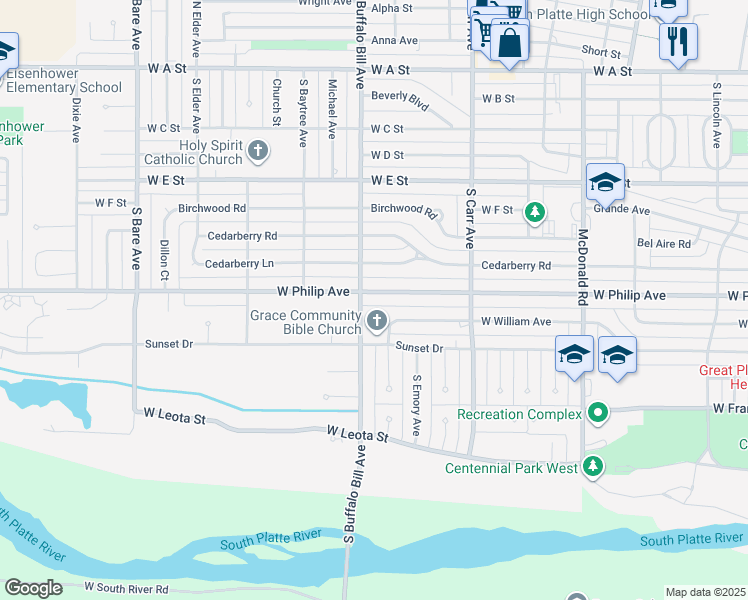 map of restaurants, bars, coffee shops, grocery stores, and more near 953-1099 S Buffalo Bill Ave in North Platte