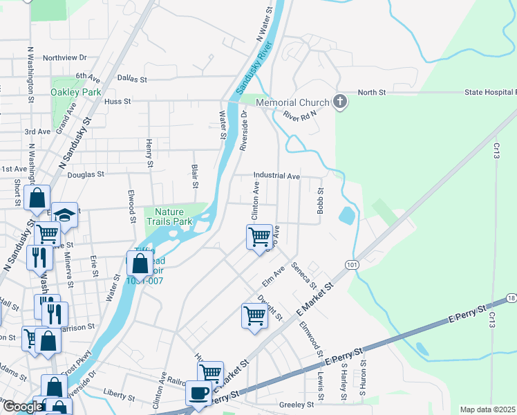 map of restaurants, bars, coffee shops, grocery stores, and more near 376 Clinton Avenue in Tiffin