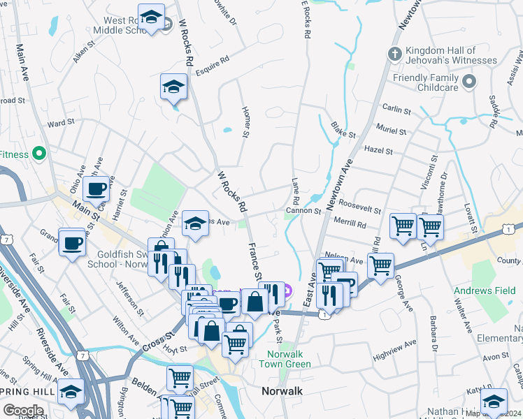 map of restaurants, bars, coffee shops, grocery stores, and more near 7 Cannon Street in Norwalk