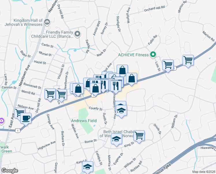 map of restaurants, bars, coffee shops, grocery stores, and more near 350 Westport Avenue in Norwalk