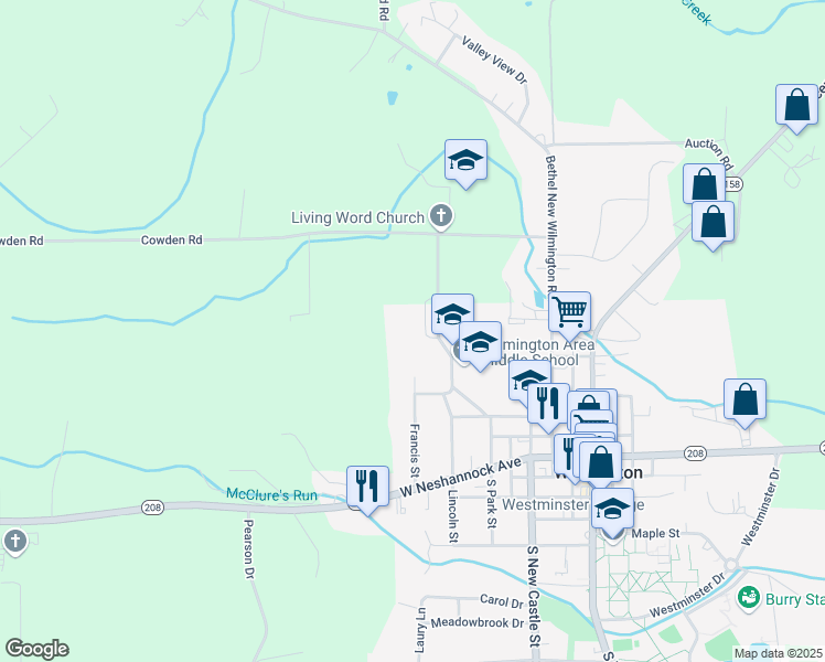 map of restaurants, bars, coffee shops, grocery stores, and more near 400 Wood Street in New Wilmington