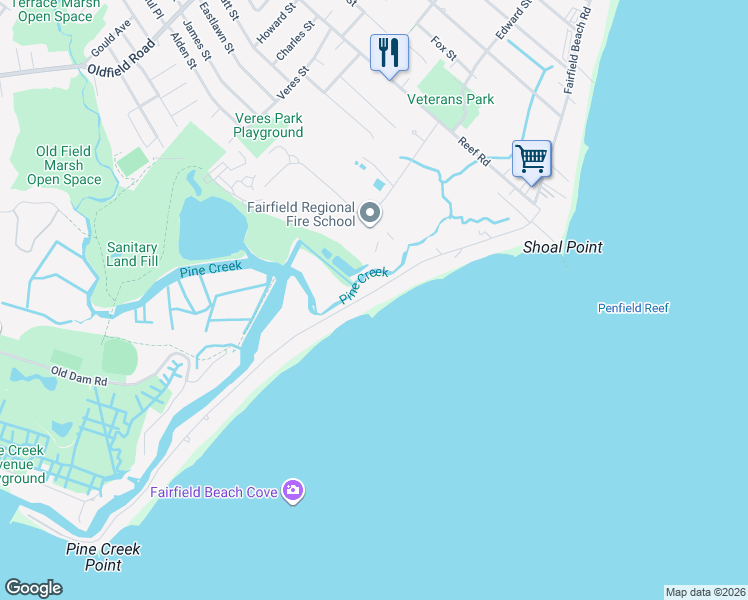 map of restaurants, bars, coffee shops, grocery stores, and more near 1275 Fairfield Beach Road in Fairfield