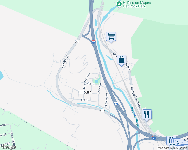 map of restaurants, bars, coffee shops, grocery stores, and more near 30 3rd Street in Hillburn