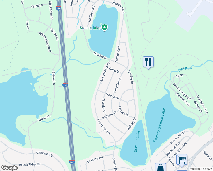 map of restaurants, bars, coffee shops, grocery stores, and more near 1195 Thunder Drive in Pocono Summit