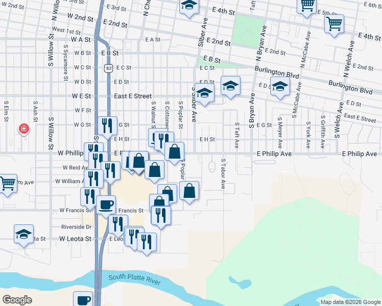 map of restaurants, bars, coffee shops, grocery stores, and more near 718 East Philip Avenue in North Platte