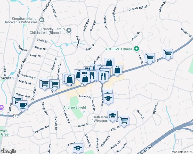 map of restaurants, bars, coffee shops, grocery stores, and more near 350 Westport Avenue in Norwalk