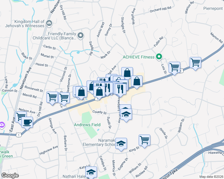 map of restaurants, bars, coffee shops, grocery stores, and more near 350 Westport Avenue in Norwalk