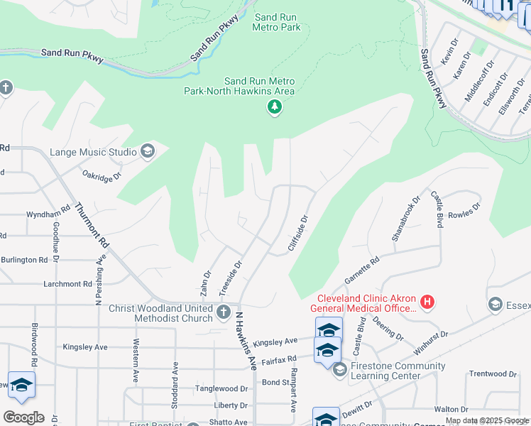 map of restaurants, bars, coffee shops, grocery stores, and more near 595 Treeside Drive in Akron