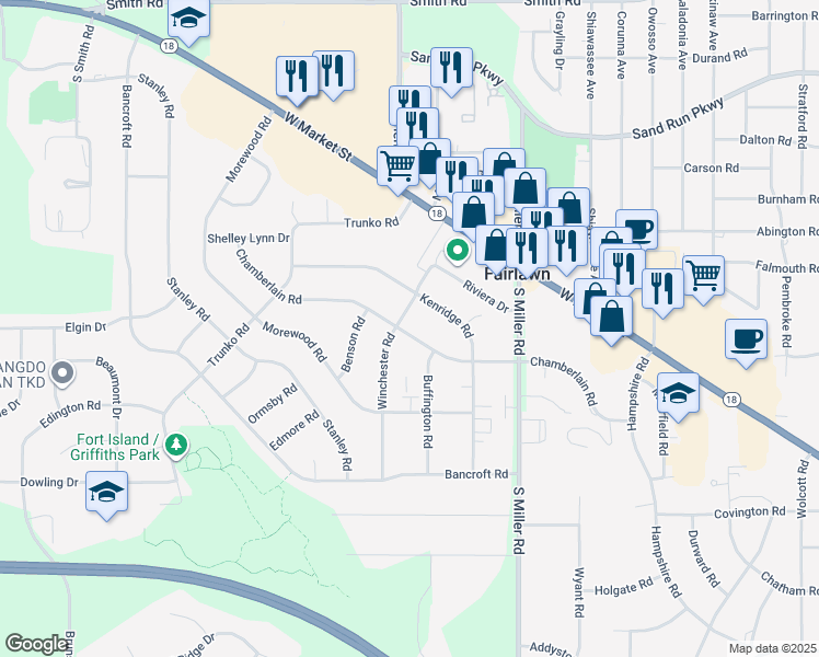 map of restaurants, bars, coffee shops, grocery stores, and more near 2872 Chamberlain Road in Fairlawn