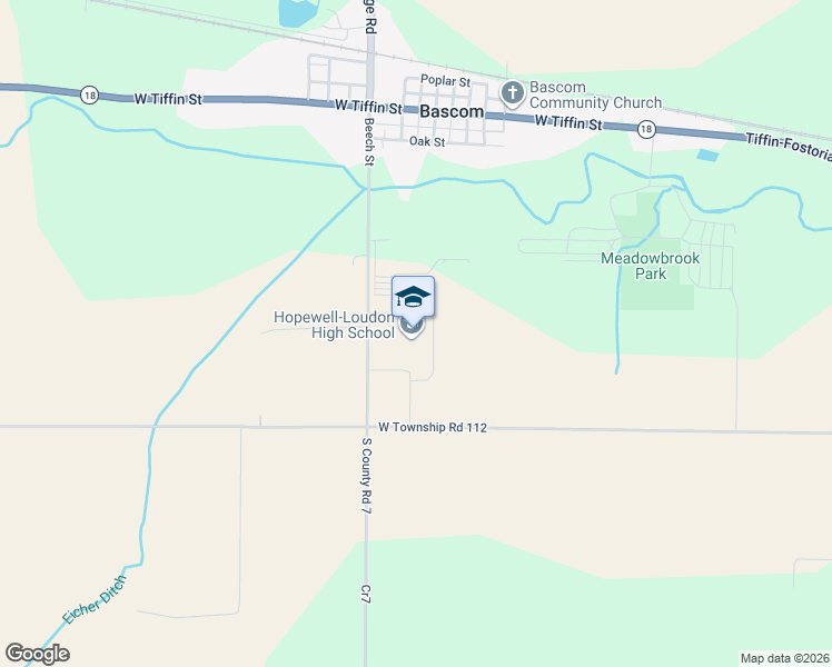 map of restaurants, bars, coffee shops, grocery stores, and more near 299 North County Road 7 in Tiffin