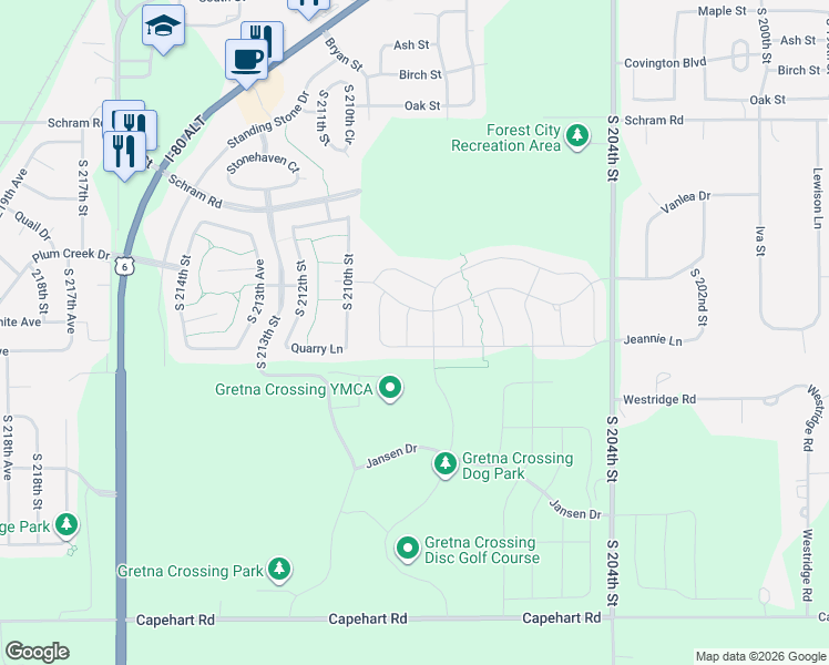 map of restaurants, bars, coffee shops, grocery stores, and more near 12121 S 208th St in Gretna