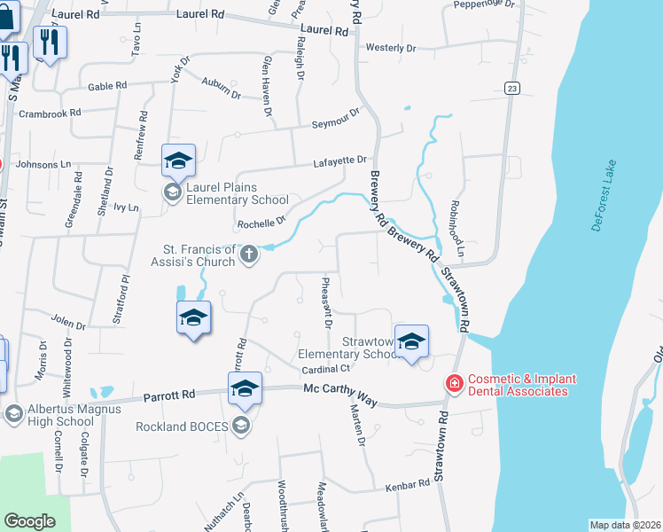 map of restaurants, bars, coffee shops, grocery stores, and more near 163 Parrott Road in West Nyack