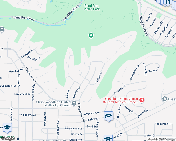 map of restaurants, bars, coffee shops, grocery stores, and more near 595 Treeside Drive in Akron