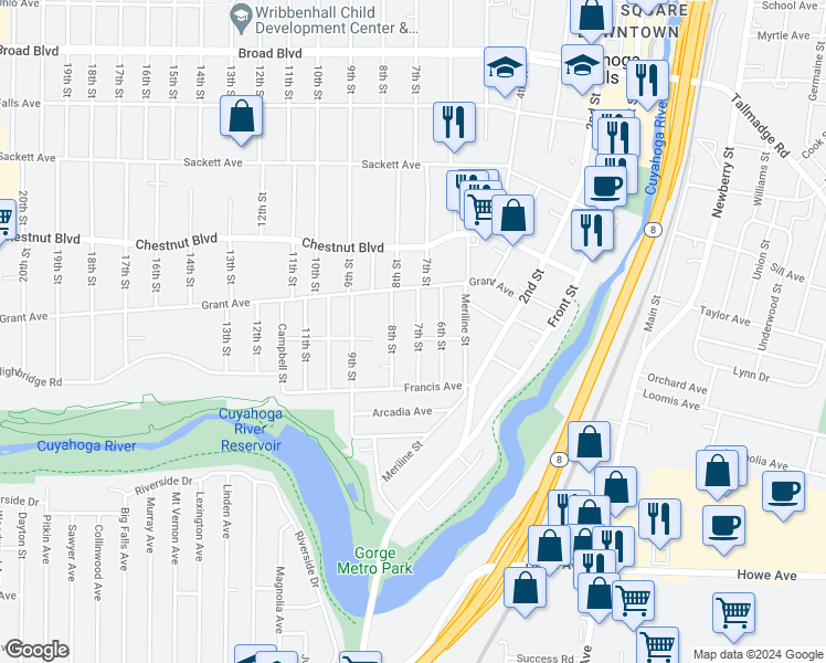 map of restaurants, bars, coffee shops, grocery stores, and more near 1550 7th Street in Cuyahoga Falls