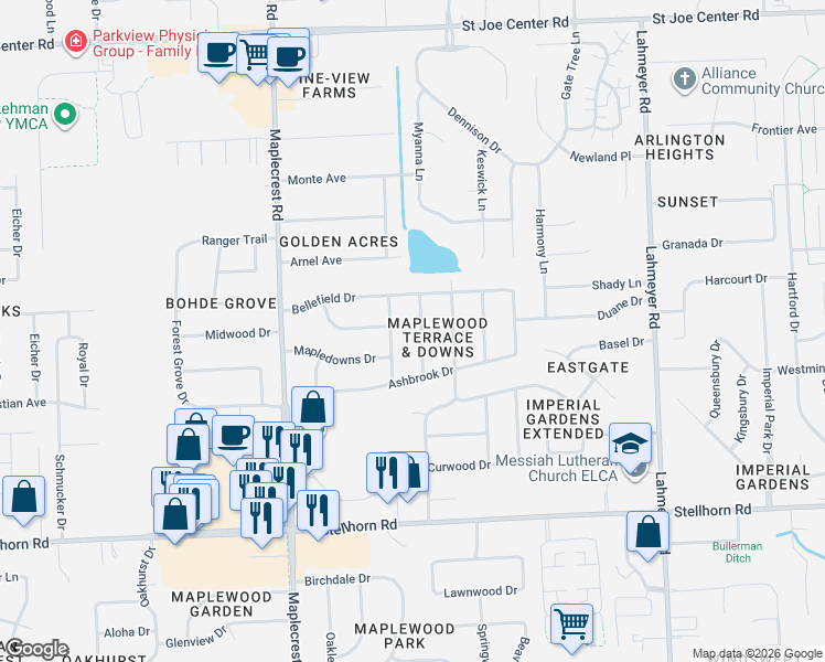 map of restaurants, bars, coffee shops, grocery stores, and more near 4948-5002 Driftwood Dr in Fort Wayne