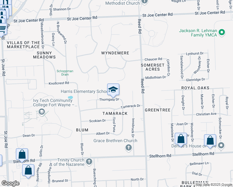 map of restaurants, bars, coffee shops, grocery stores, and more near 4501 Thorngate Drive in Fort Wayne