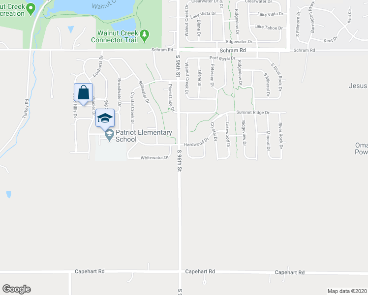 map of restaurants, bars, coffee shops, grocery stores, and more near 2402 Walnut Creek Drive in Papillion