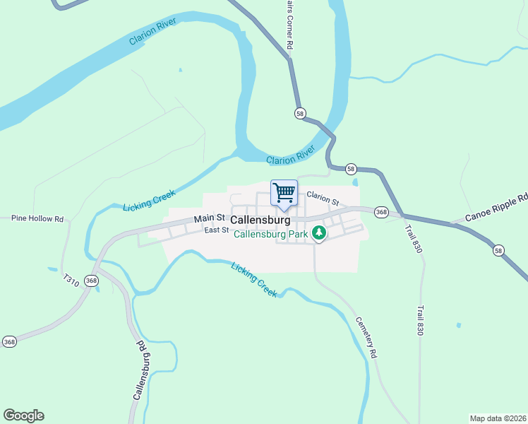 map of restaurants, bars, coffee shops, grocery stores, and more near 256 Pike Street in Callensburg
