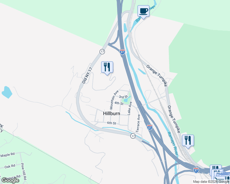 map of restaurants, bars, coffee shops, grocery stores, and more near 65 Mountain Avenue in Hillburn