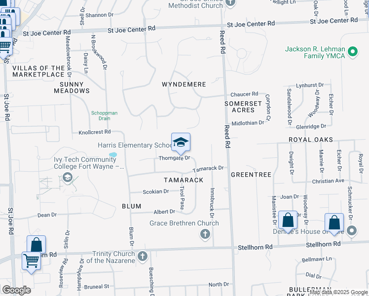 map of restaurants, bars, coffee shops, grocery stores, and more near 4501 Thorngate Drive in Fort Wayne