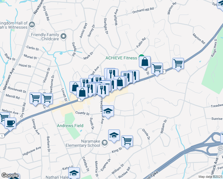 map of restaurants, bars, coffee shops, grocery stores, and more near 320 Strawberry Hill Avenue in Norwalk