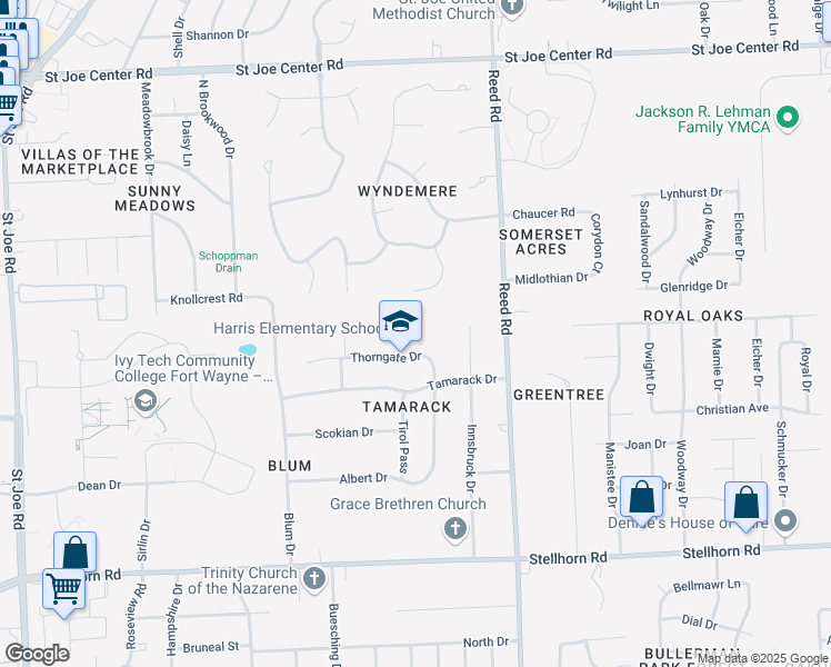 map of restaurants, bars, coffee shops, grocery stores, and more near 5208 Wyndemere Court in Fort Wayne