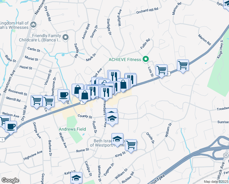 map of restaurants, bars, coffee shops, grocery stores, and more near 426 Westport Avenue in Norwalk