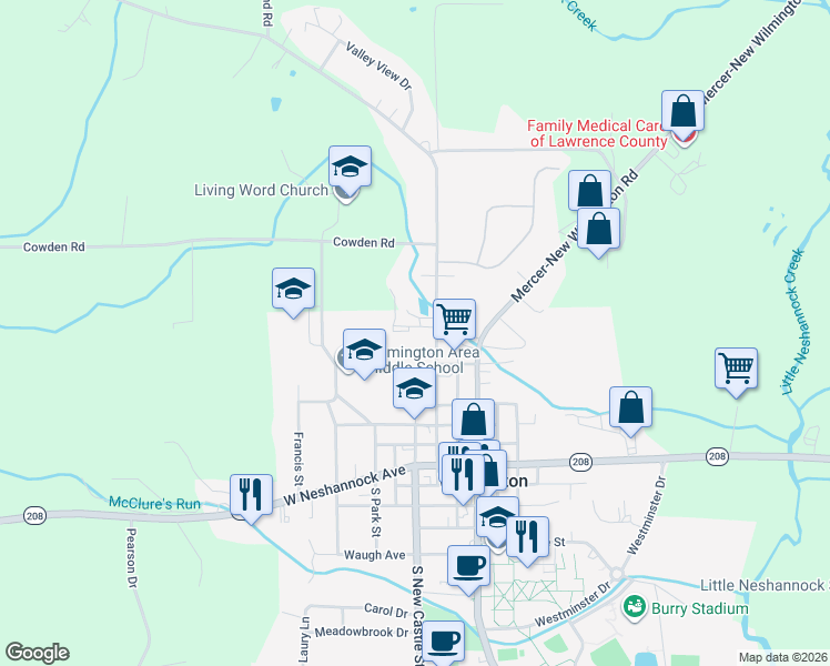 map of restaurants, bars, coffee shops, grocery stores, and more near 241 High Street in New Wilmington