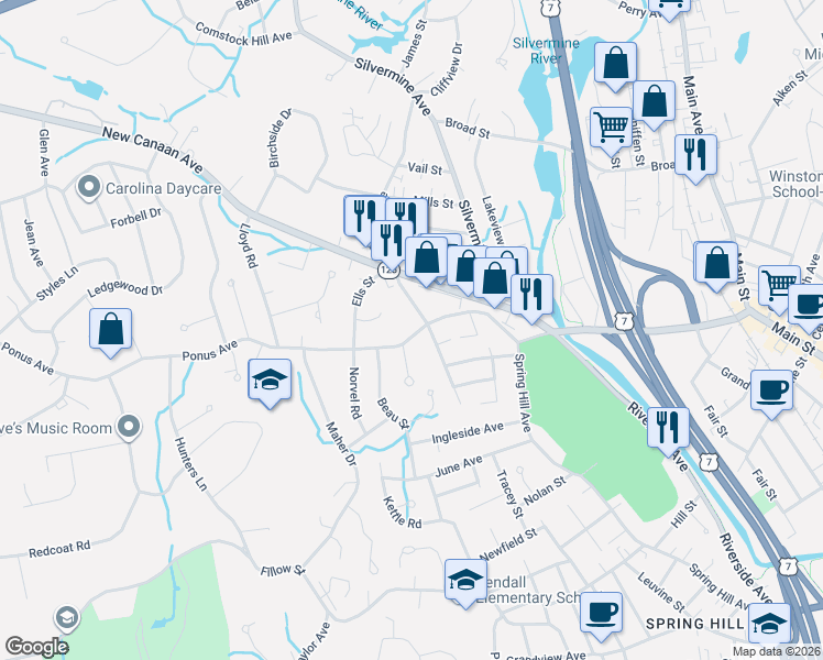 map of restaurants, bars, coffee shops, grocery stores, and more near 7 Bartlett Avenue in Norwalk
