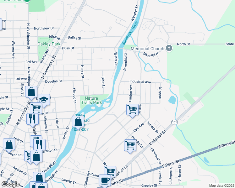 map of restaurants, bars, coffee shops, grocery stores, and more near 410 Riverside Drive in Tiffin