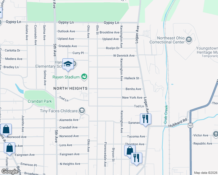 map of restaurants, bars, coffee shops, grocery stores, and more near 133 Halleck Street in Youngstown