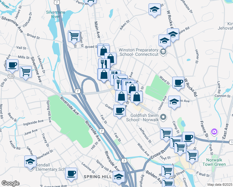 map of restaurants, bars, coffee shops, grocery stores, and more near in Norwalk