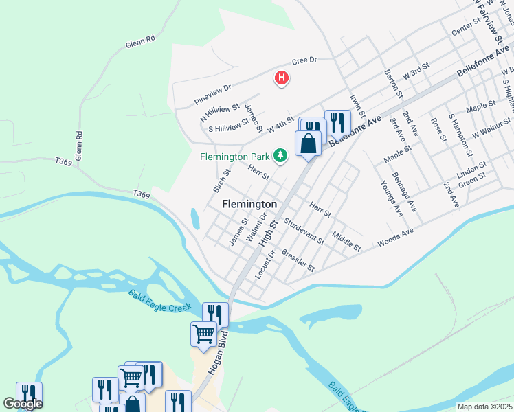 map of restaurants, bars, coffee shops, grocery stores, and more near Middle Ln in Flemington