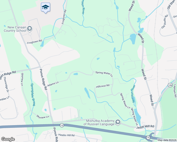 map of restaurants, bars, coffee shops, grocery stores, and more near 351 Spring Water Lane in New Canaan
