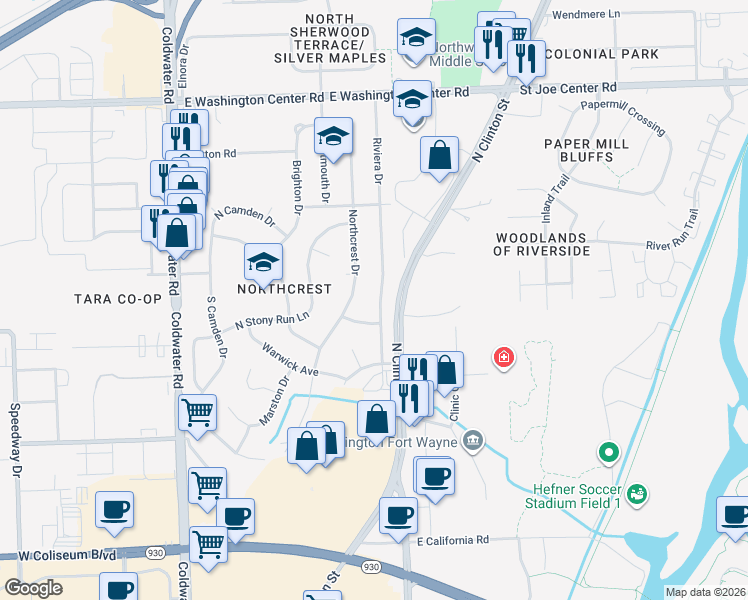 map of restaurants, bars, coffee shops, grocery stores, and more near 5225 Riviera Drive in Fort Wayne