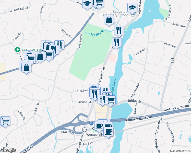 map of restaurants, bars, coffee shops, grocery stores, and more near 5 Raymond Place in Westport