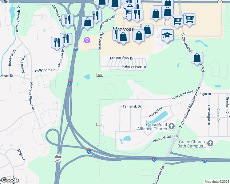 map of restaurants, bars, coffee shops, grocery stores, and more near 3800 Rosemont Boulevard in Fairlawn