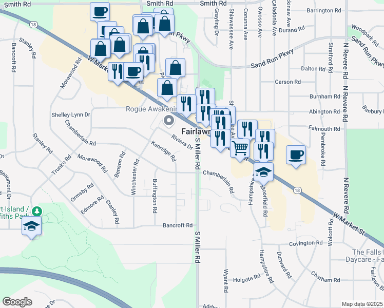 map of restaurants, bars, coffee shops, grocery stores, and more near 20 South Miller Road in Fairlawn