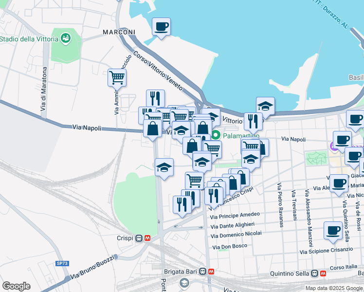 map of restaurants, bars, coffee shops, grocery stores, and more near 23 Via Davide Lopez in Bari