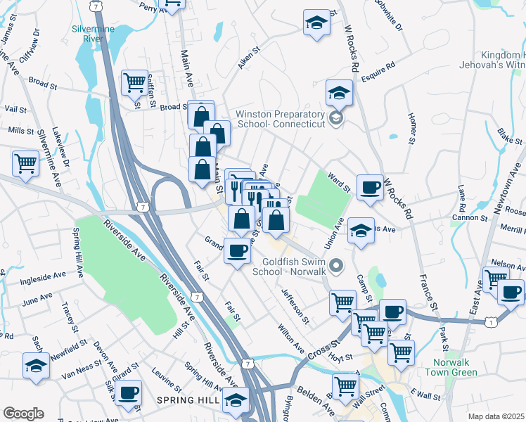 map of restaurants, bars, coffee shops, grocery stores, and more near 13 Center Avenue in Norwalk