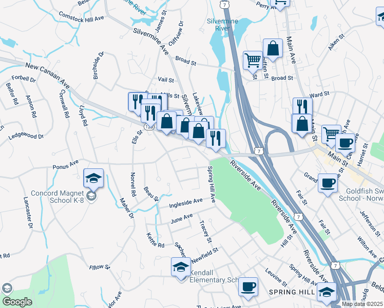 map of restaurants, bars, coffee shops, grocery stores, and more near 93 New Canaan Avenue in Norwalk