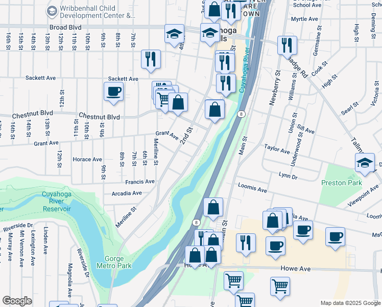 map of restaurants, bars, coffee shops, grocery stores, and more near 144 Grant Avenue in Cuyahoga Falls