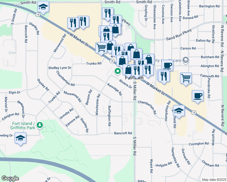 map of restaurants, bars, coffee shops, grocery stores, and more near 162 Kenridge Road in Fairlawn