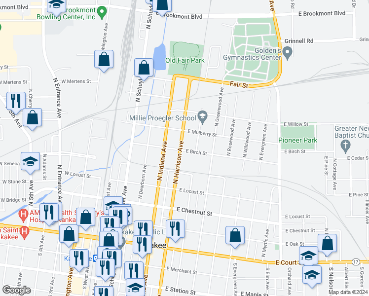 map of restaurants, bars, coffee shops, grocery stores, and more near 656 North Harrison Avenue in Kankakee