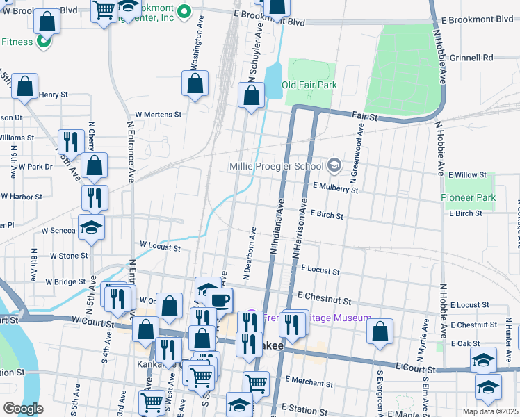 map of restaurants, bars, coffee shops, grocery stores, and more near 642 North Dearborn Avenue in Kankakee