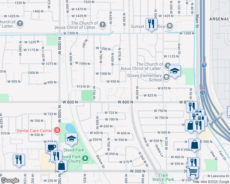 map of restaurants, bars, coffee shops, grocery stores, and more near 652 West 800 North in Clinton