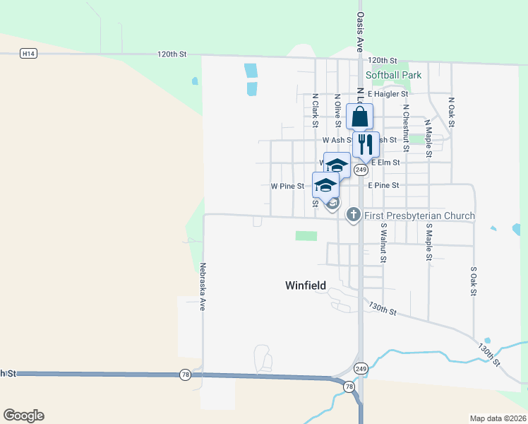 map of restaurants, bars, coffee shops, grocery stores, and more near 502 West Central Avenue in Winfield
