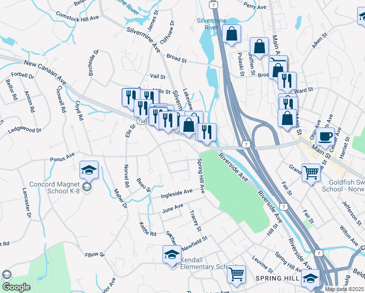 map of restaurants, bars, coffee shops, grocery stores, and more near 93 New Canaan Avenue in Norwalk