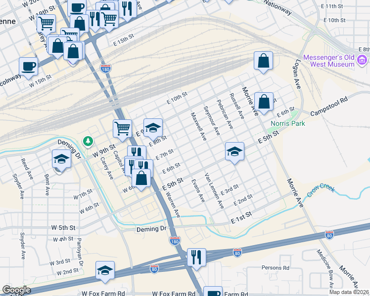 map of restaurants, bars, coffee shops, grocery stores, and more near 416 East 7th Street in Cheyenne
